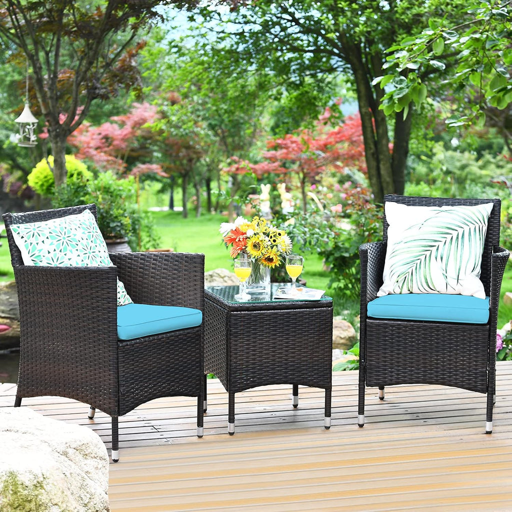 COSTWAY 3 PCS Patio Furniture Set, Outdoor Wicker Conversation Set with Tempered Glass Coffee Table, Seat Cushions, Rattan Wicker Chairs for Poolside Balcony Porch Backyard, Blue