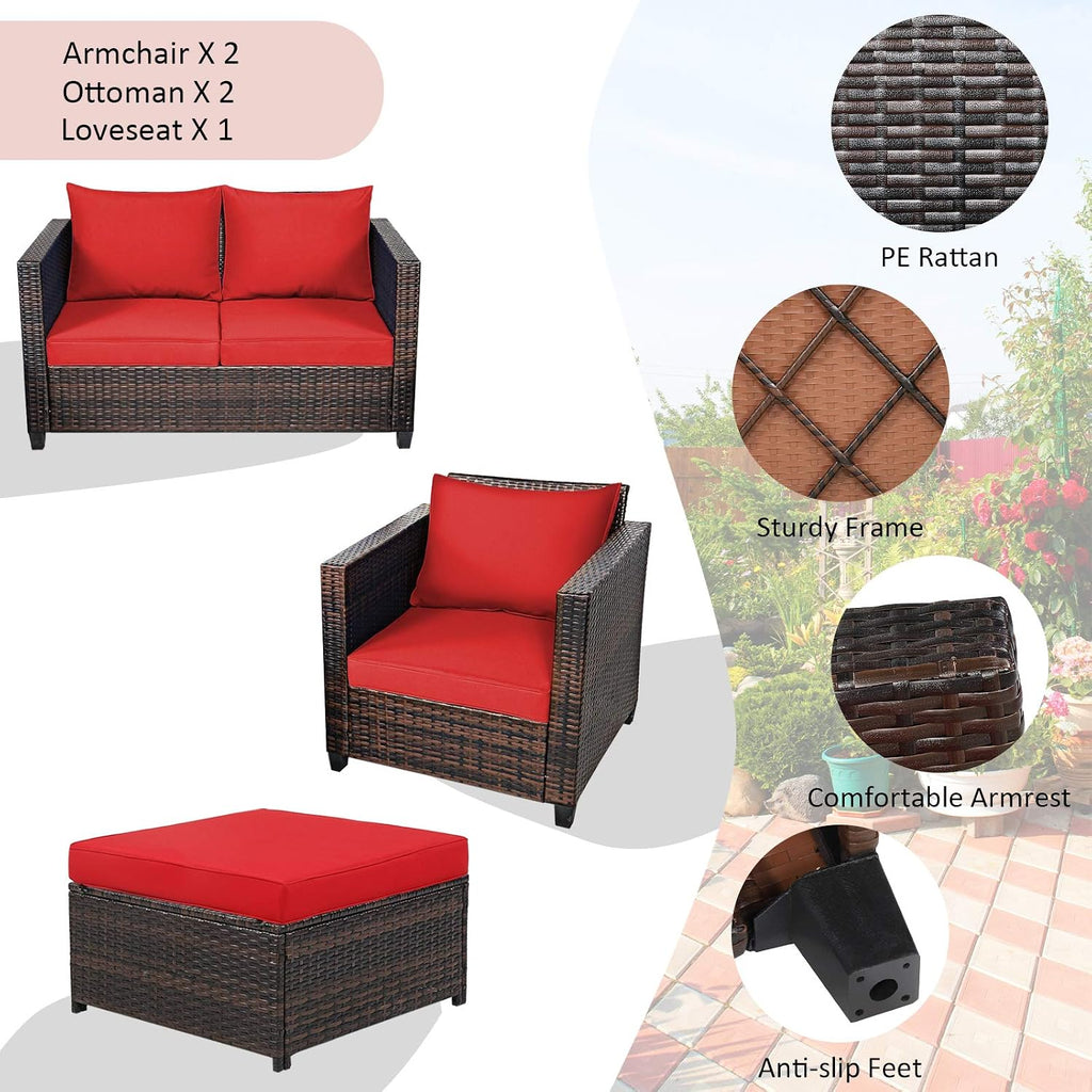 Tangkula 5 Pieces Rattan Patio Furniture Set, Outdoor Sectional Wicker Sofa Set with Loveseat, 2 Single Sofas, 2 Ottomans & Removable Cushions, Outside Daybed Sofa for Yard, Garden, Poolside (Red)
