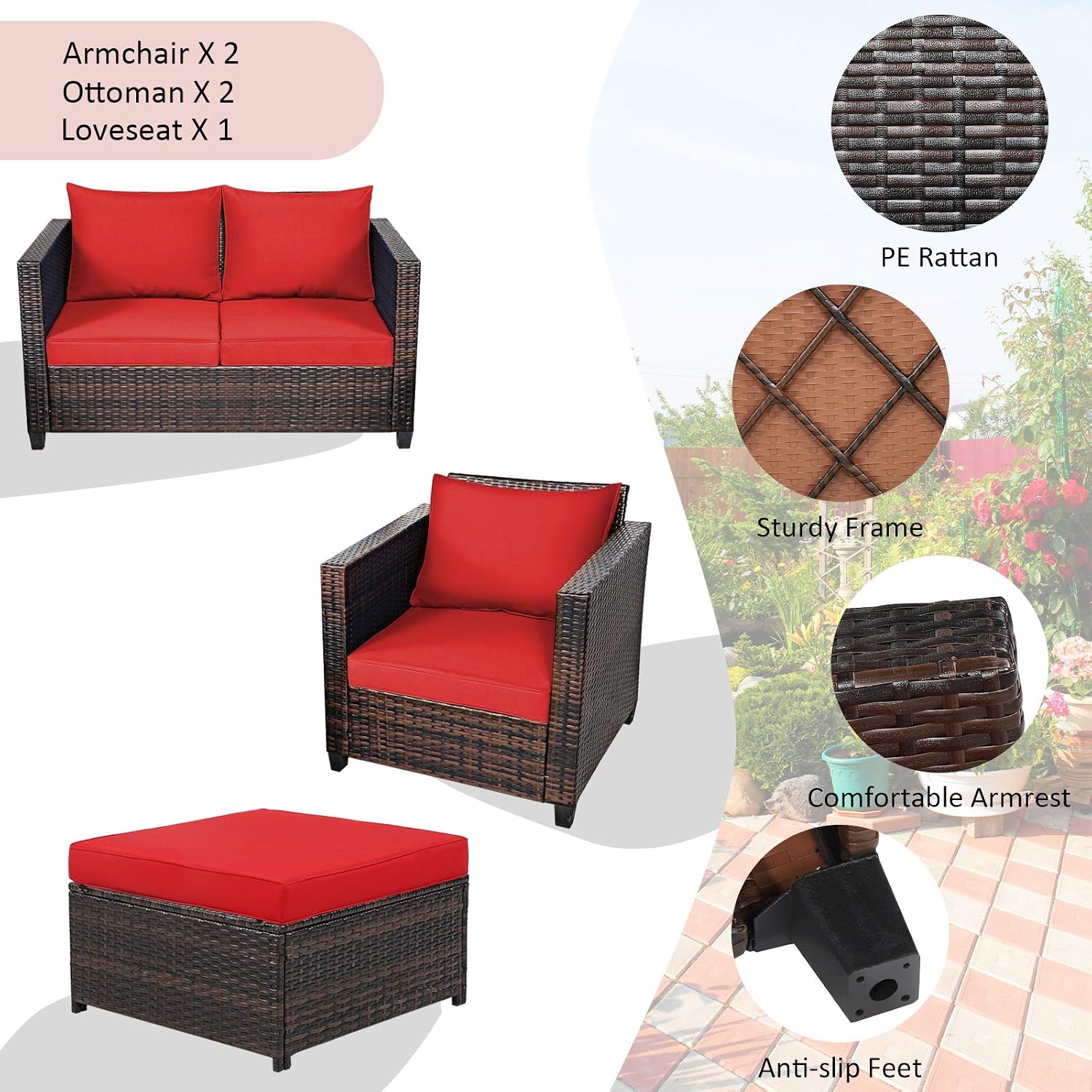 Tangkula 5 Pieces Rattan Patio Furniture Set, Outdoor Sectional Wicker Sofa Set with Loveseat, 2 Single Sofas, 2 Ottomans & Removable Cushions, Outside Daybed Sofa for Yard, Garden, Poolside (Red)