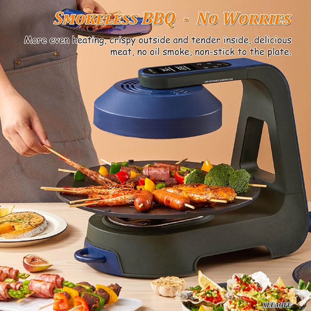 Electric Indoor Grill - Black Smokeless Grill with Smart LED Display, 360° Rotation, 1-80mins Timer & Precise Temperature Control for Kitchen