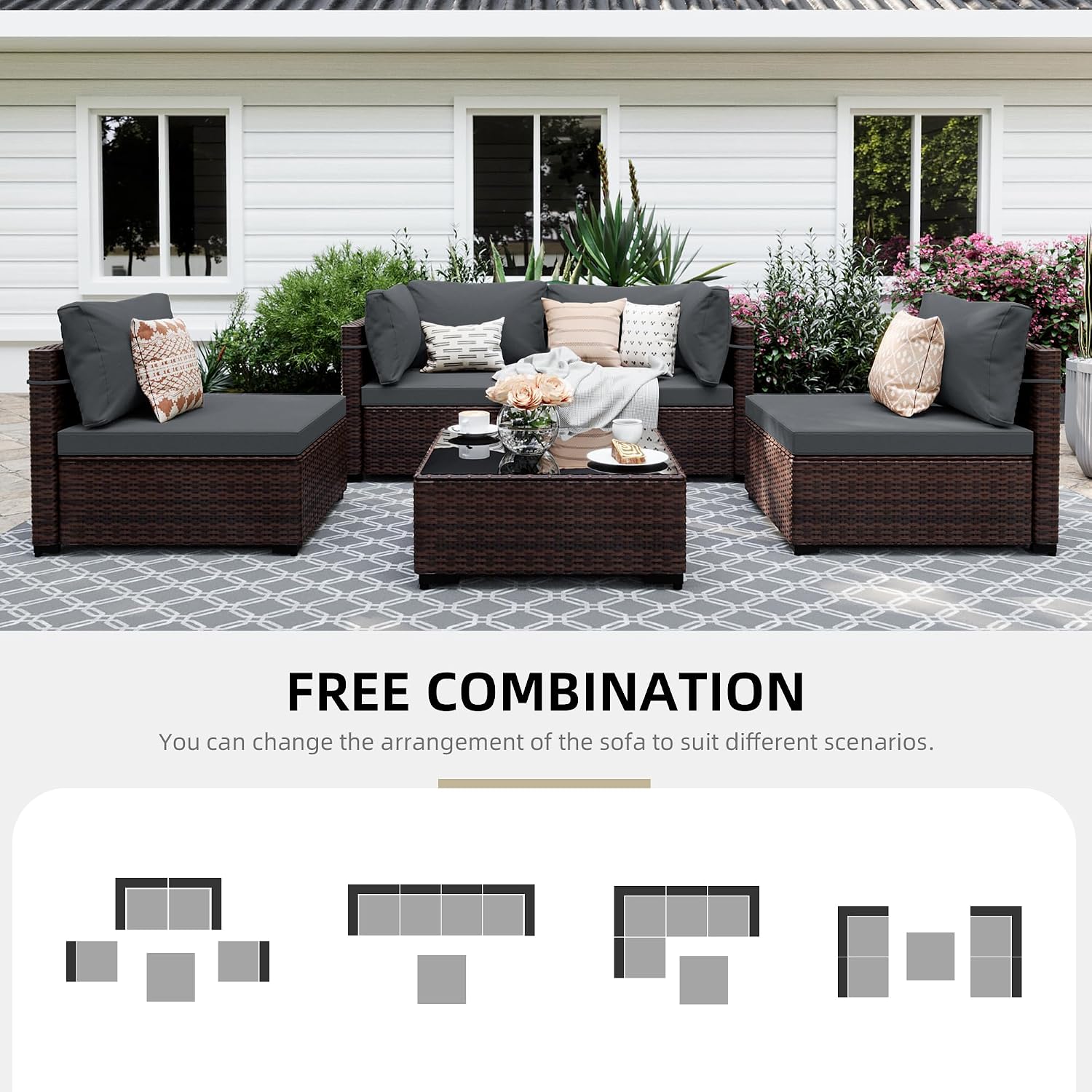 UPHA 5 Pieces Patio Furniture Sets, Wicker Outdoor Sectional Sofa Couch with Coffee Table, Patio Conversation Set for Deck Backyard Garden, Brown Rattan, Dark Gray Cushion