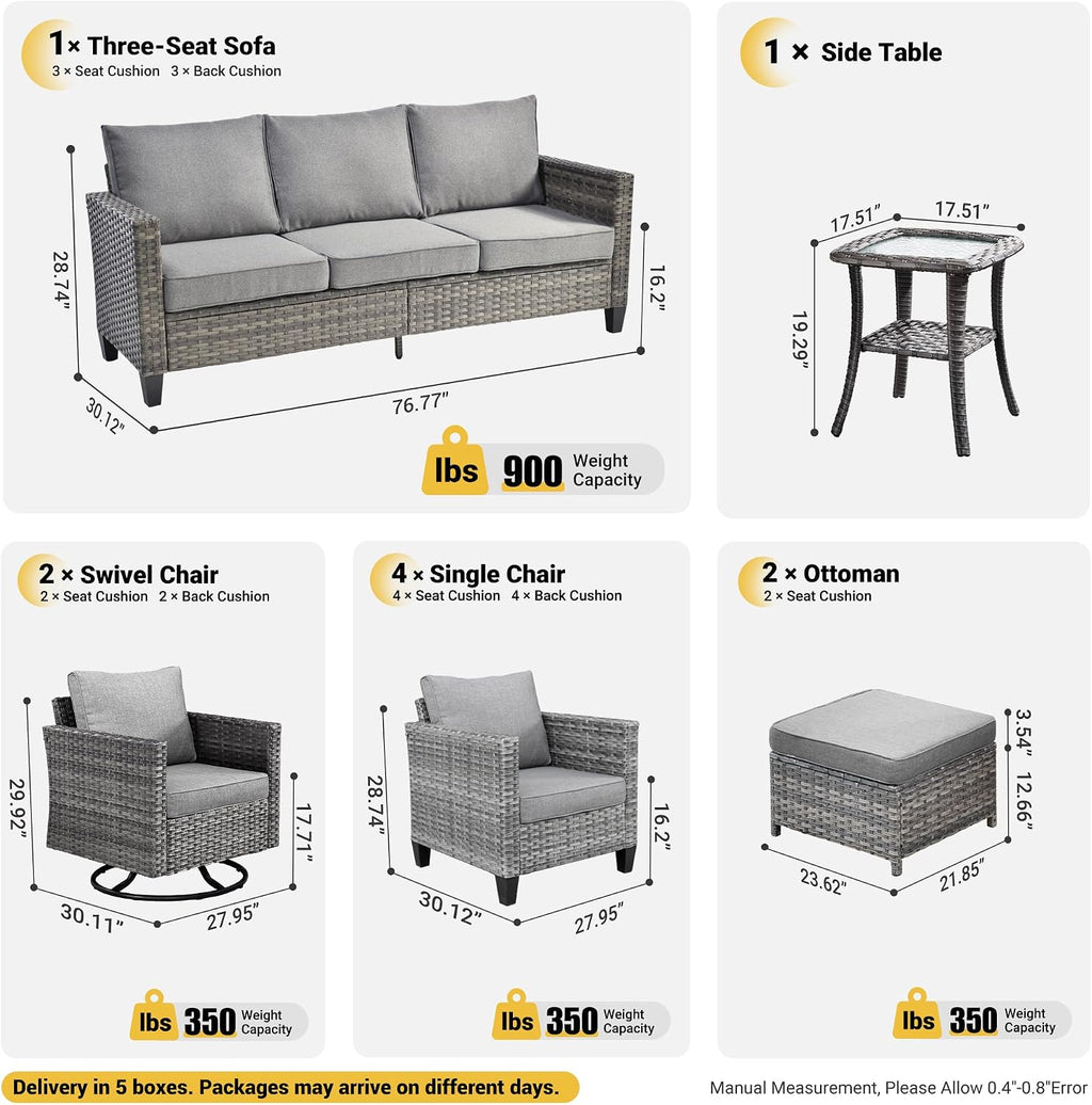 ovios 10 Pieces Patio Furniture Set, Outdoor Wicker Sofa Couch with Swivel Chairs, Rocking Glider Rocker with Comfy Cushions All Weather Rattan Conversation Set, Dark Grey