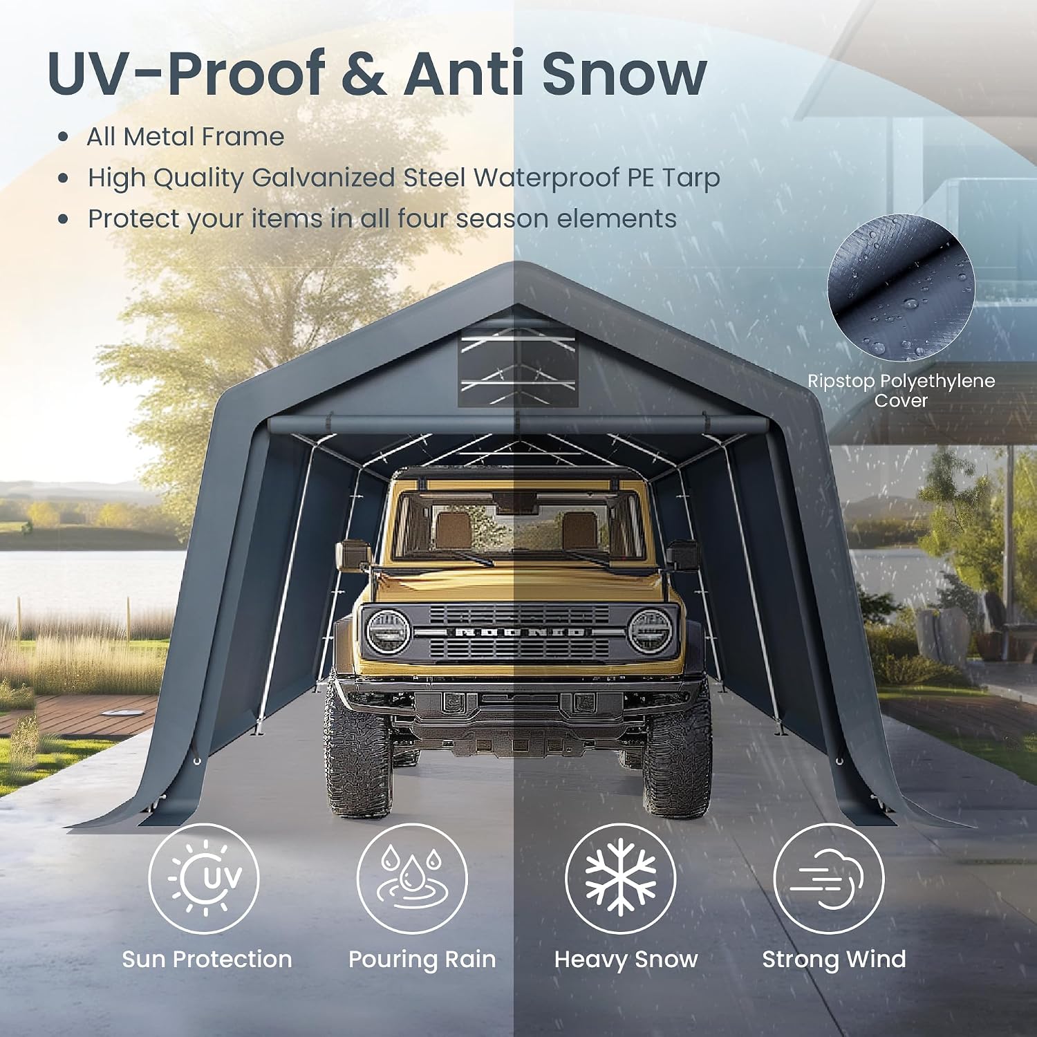 PHI VILLA 13X22ft Carport, Portable Garage Carports Outdoor Storage Shelter Shed Garage Canopy with Rollup Zipper Doors & Waterproof UV Resistant Garages Tent for Cars,Boats,Tools, Motorcycle, Gray