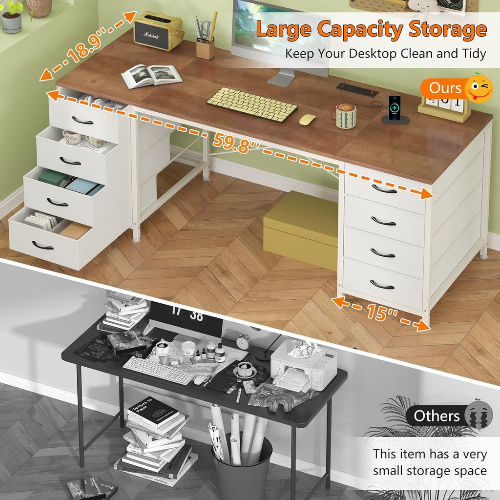 YOMILUVE 60 Inch Computer Desk with 8 Drawers, Home Office Desk with Power Outlets, Work Study Gaming Desk with 8 Fabric Drawers, Brown and White
