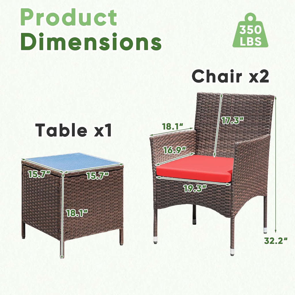 Greesum 3 Pieces Patio Dining PE Rattan Wicker Chair Furniture Set with Cushion and Glass Coffee Table for Outdoor Garden Backyard Poolside, Brown and Red