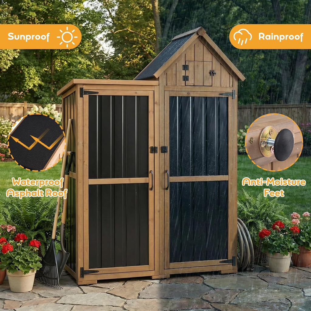PetsCosset Outdoor Storage Cabinet Wood & Metal Garden Shed with Lockable Doors, 3 Adjustable Shelves, Weatherproof Patio Backyard Storage for Tools & Garden Supplies