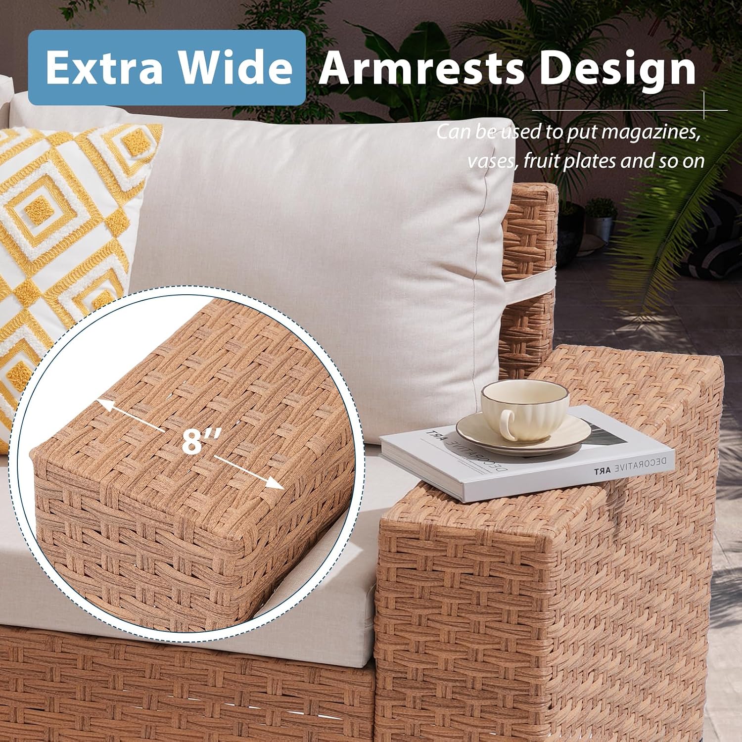 JOIVI 6-Piece Outdoor Sectional Patio Furniture Set, All-Weather Wicker Conversation Sectional with 8' Wide Armrests & 4' Cushions, Modular L-Shaped Sofa for Backyard, Garden & Porch, Beige