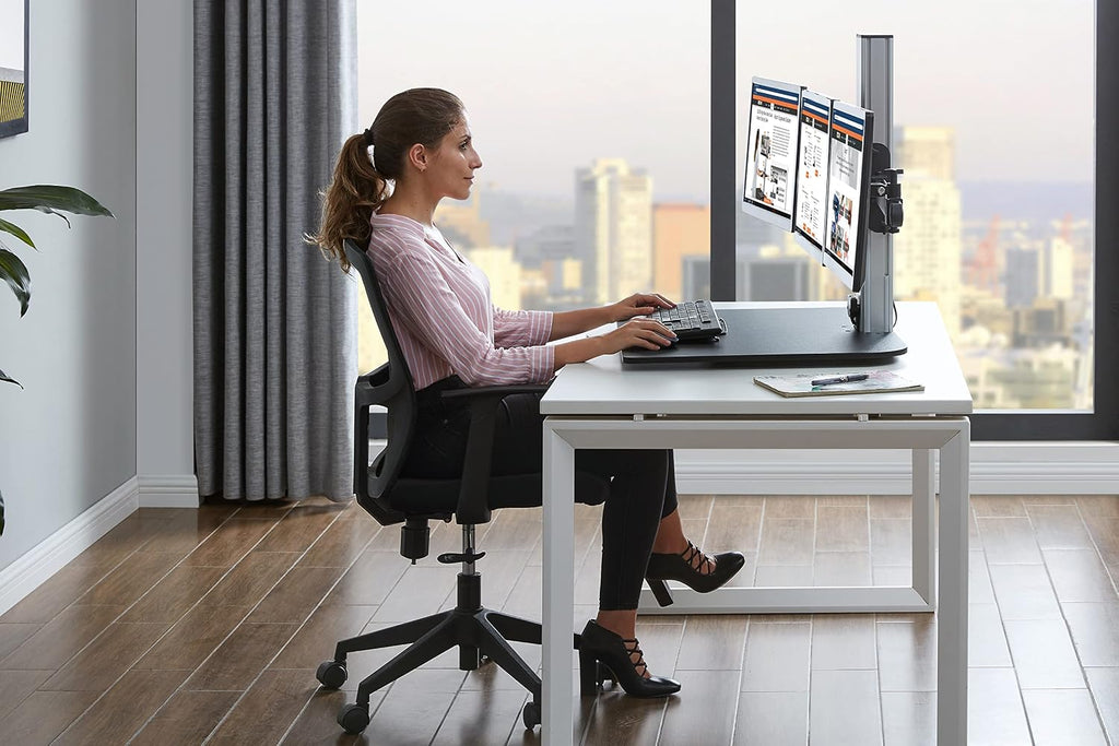 Victor DC475 High Rise Electric Triple Monitor Standing Desk Converter | Three Large Monitor Sit-Stand Desk | 28' Wide Work Surface | Compatible with Any Standard Desk | Adjustable Monitor Holder