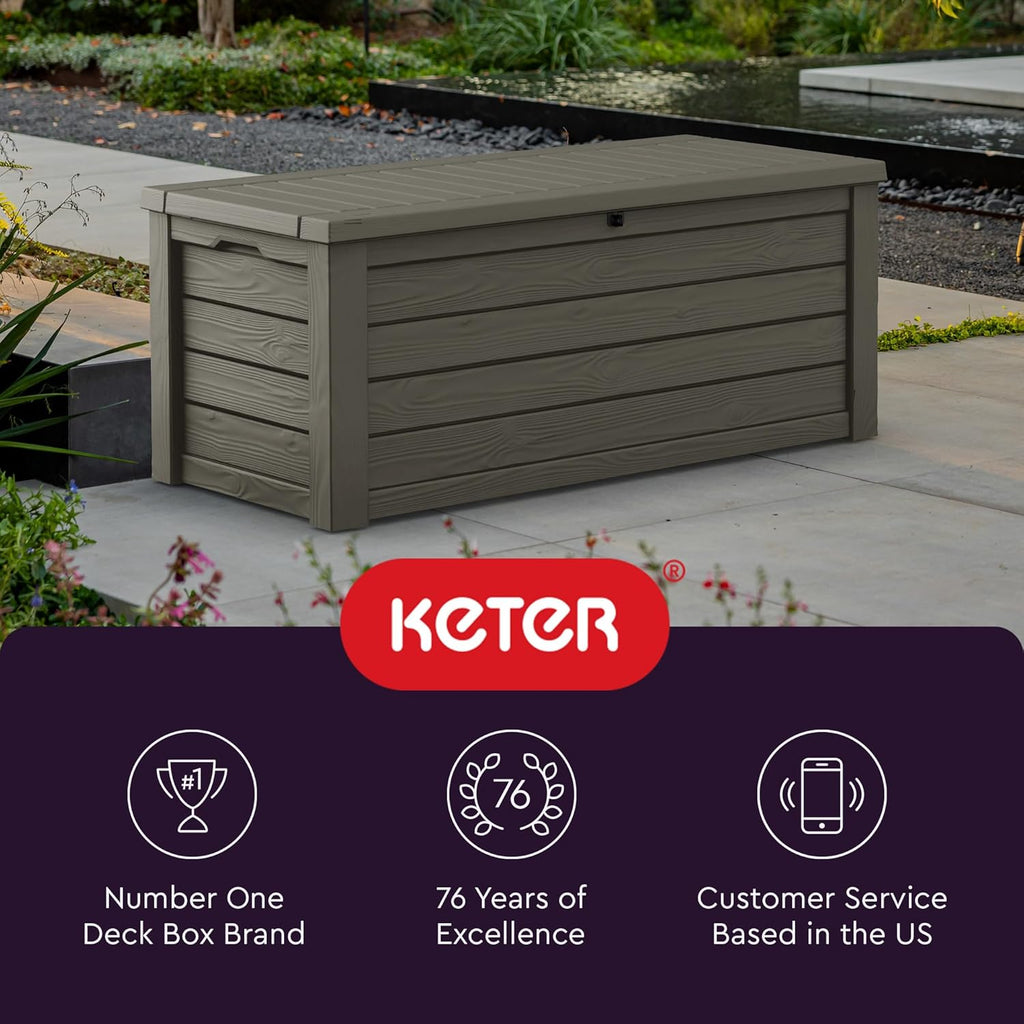 Keter Westwood 150 Gallon Resin Large Outdoor Storage Box for Patio Furniture, Outdoor Cushions, Garden Tools and Pool Floats, Taupe