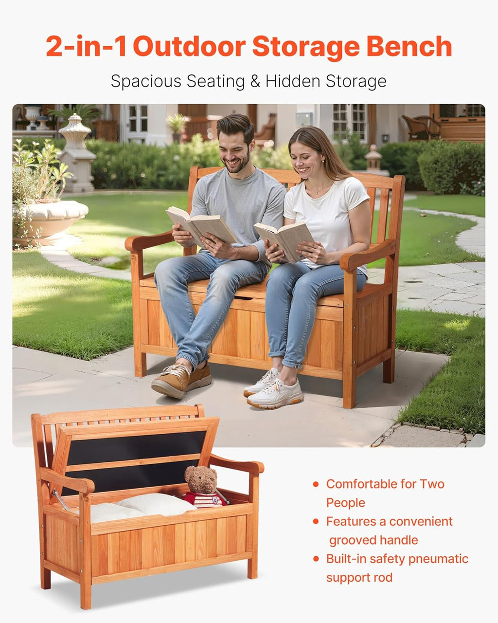 VEVOR Outdoor Storage Bench, 2-Person Wooden Storage Bench, 33 Gallons Deck Box with Side Handle, Supports up to 705 lbs, Outdoor Seating & Porch Decor, for Patio Garden Balcony Yard