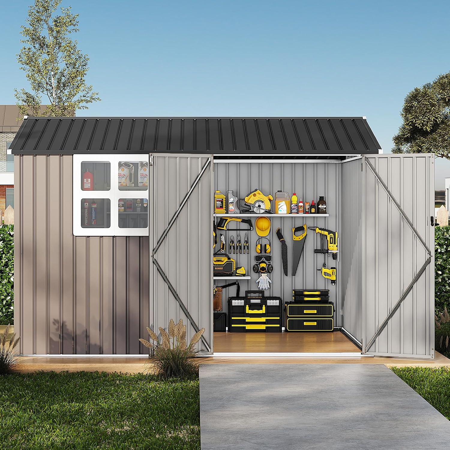 GarveeLife 8x10 ft Outdoor Storage Shed, Metal Garden Tool Shed with Updated Frame Structure, Lockable Doors and Windows, Ideal for Backyard Garden Patio Lawn, Brown