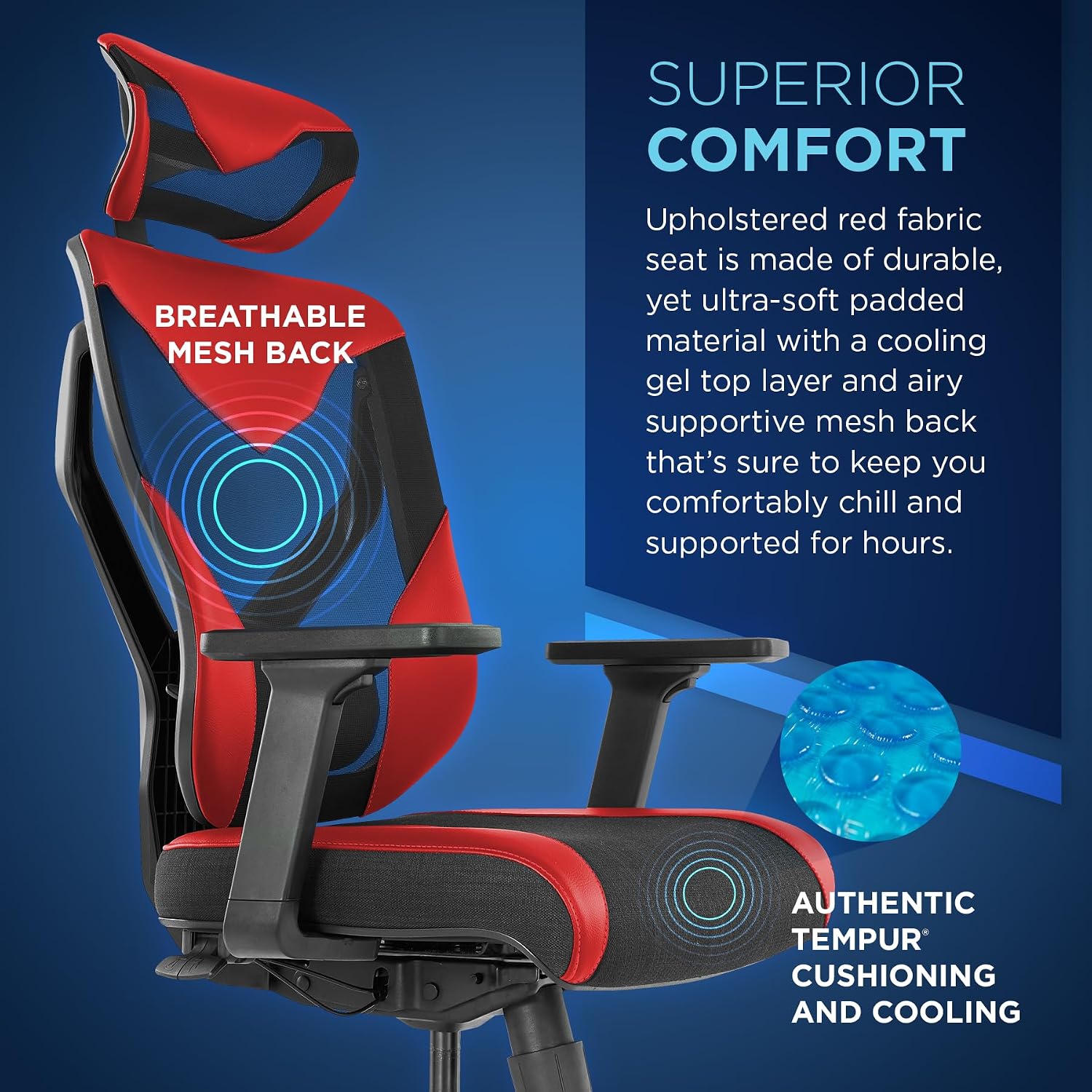 Tempur-Pedic Blaze Auto-Adaptive Ergonomic Gaming Chair with Lumbar Support and 3D Armrest Adjustment, Cooling Racing Style Gaming Chair, Red