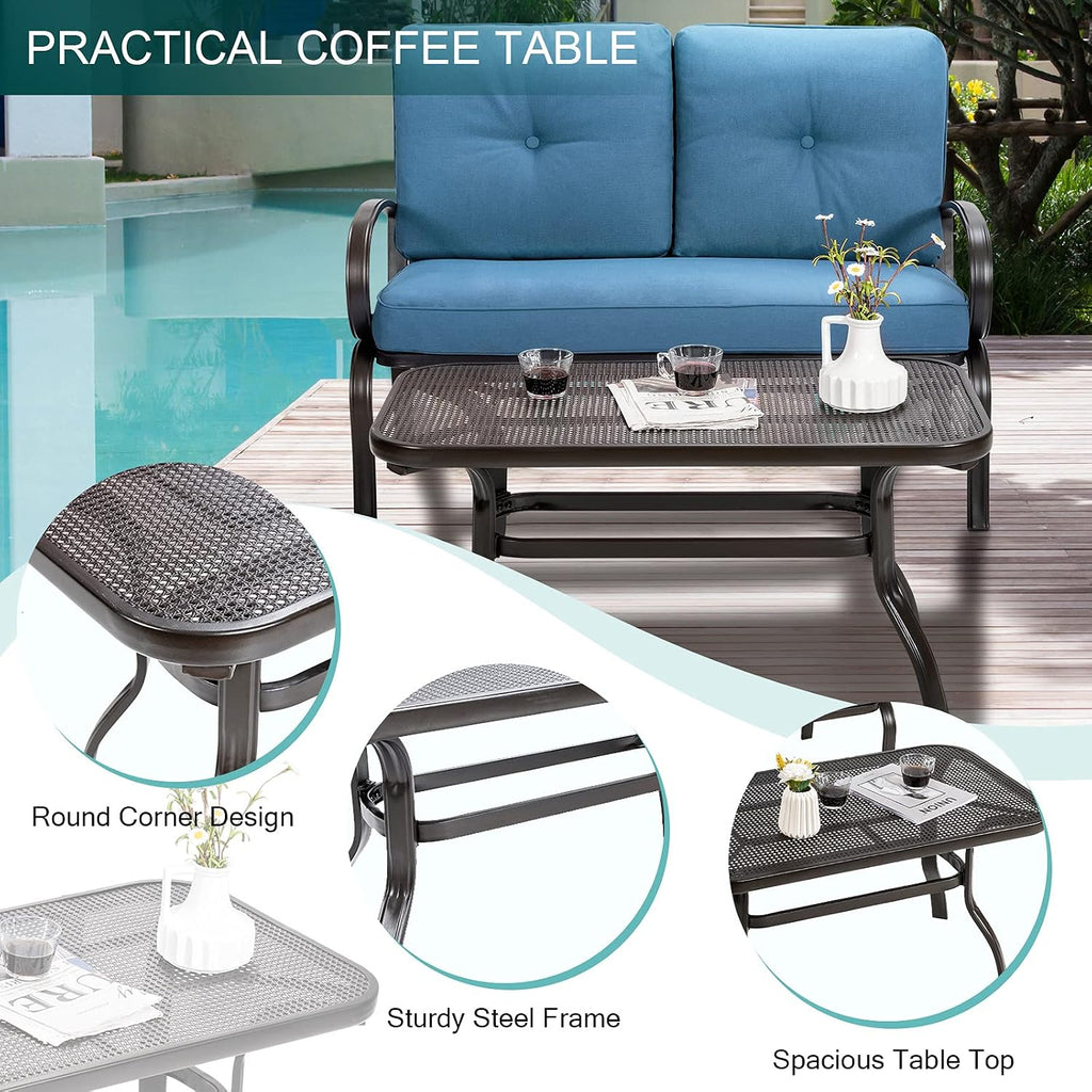 Giantex Patio Loveseat with Coffee Table Outdoor Bench with Cushion and Metal Frame, Loveseat Porch Furniture Set Sofa for Garden, Yard, Patio or Poolside (Navy & Black)