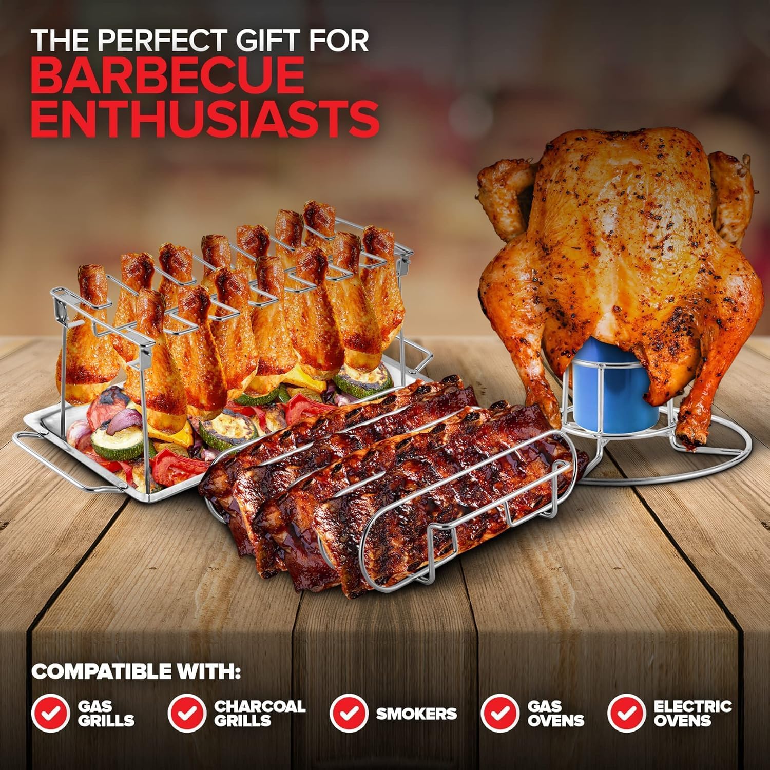 Modern Innovations Grill Rack Set (3 Pack), Chicken Leg Rack, Beer Can Chicken Holder, Rib Rack, Smoker Accessories and BBQ Gift Set