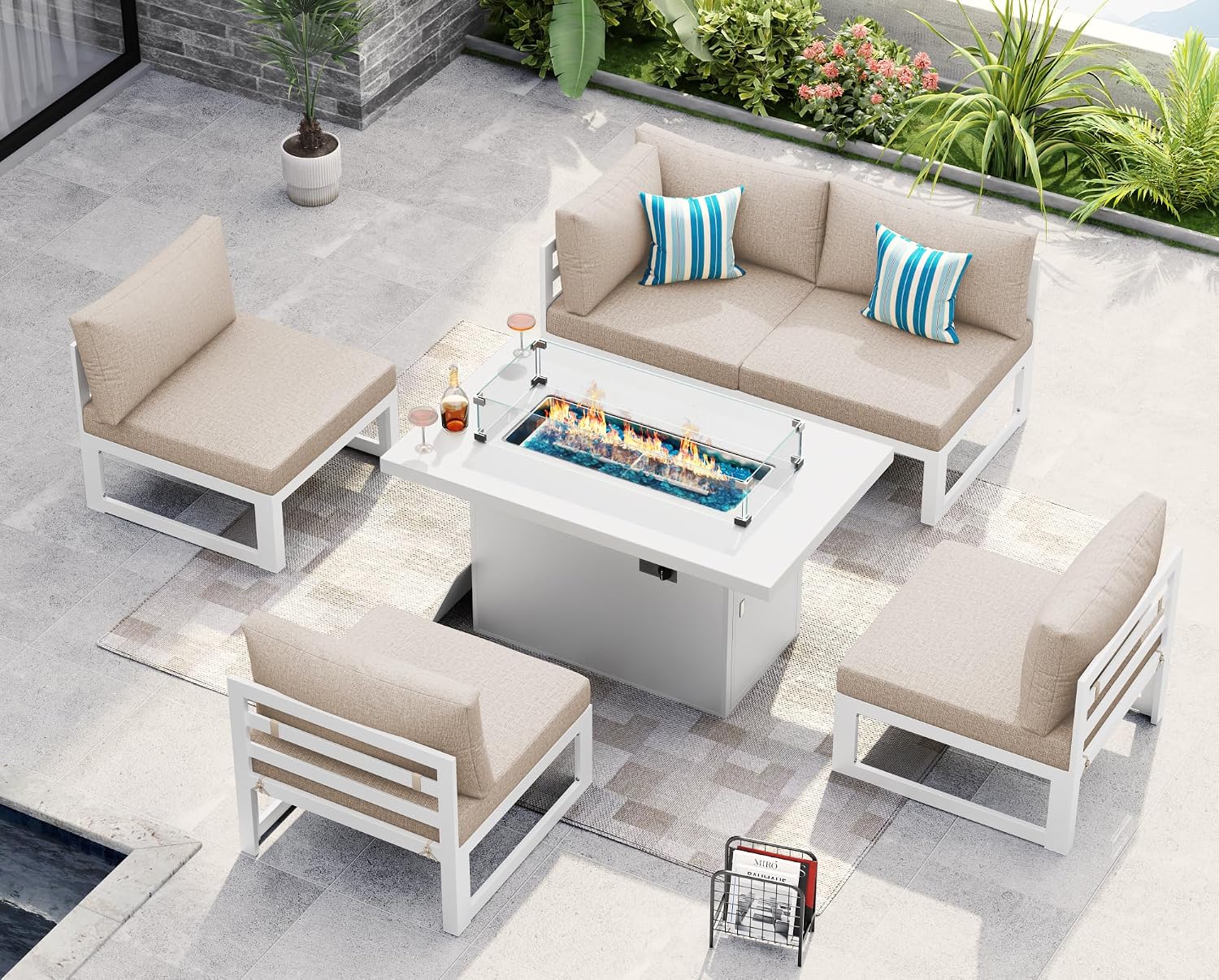 NICESOUL® 6 Piece Modern Extra-Large Aluminum Patio Furniture Set with Fire Pit Table Propane/Natural Gas, 29'' Deep Wide Seated Outdoor Conversation Sofas, 500lbs Heavy Duty L Shaped Sectional, Beige