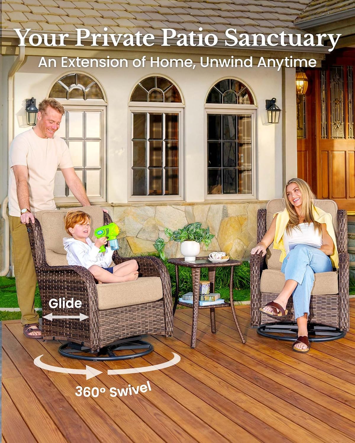HILLGA 3-Piece Luxury Patio Furniture Set with 6' Thick Cushions, Weather-Resistant Wicker High Back Swivel Rocker Chairs, Senior-Friendly Conversation Set for Small Porch, Deck and Sunroom, Beige(V2)