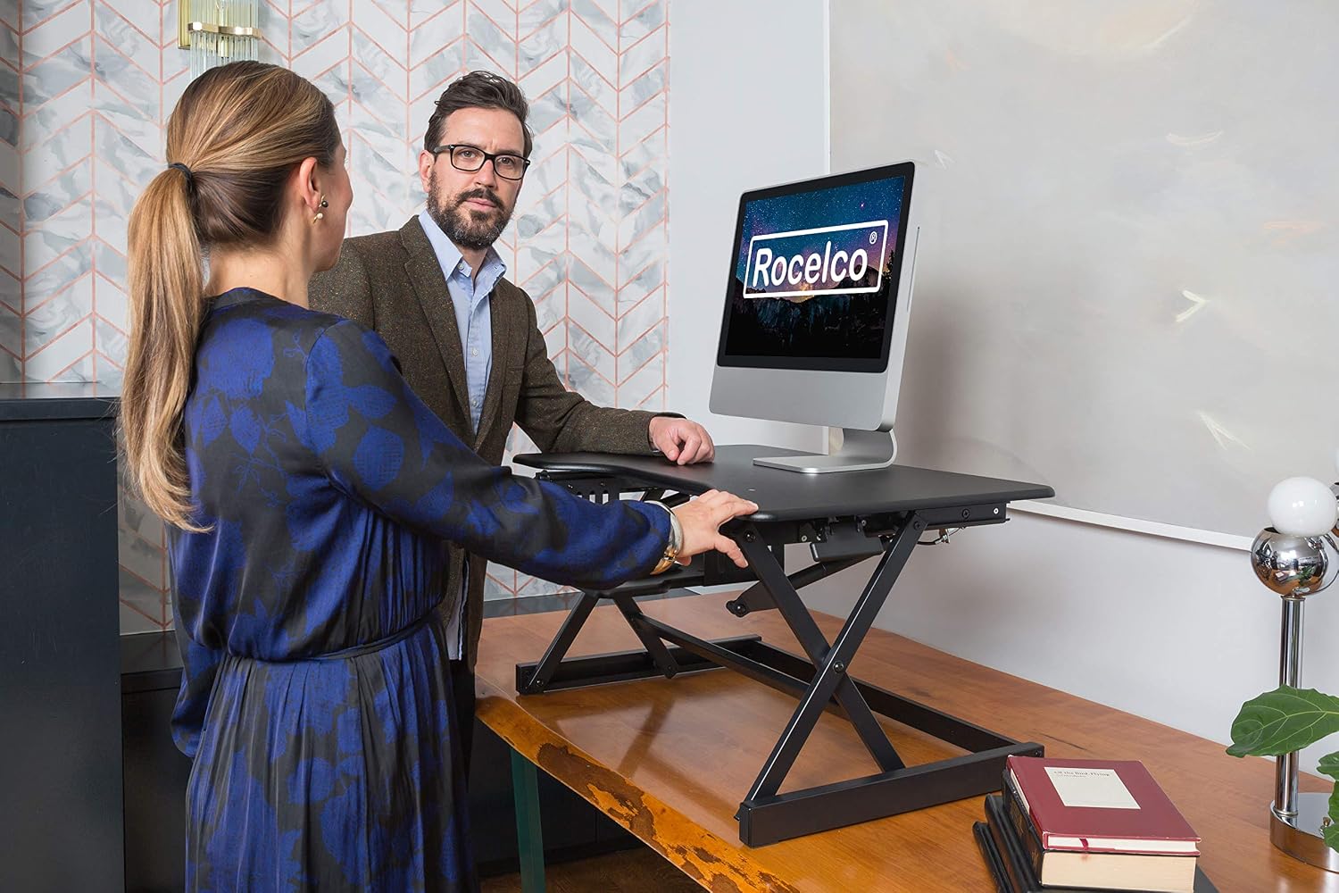 Rocelco 38' Large Height Adjustable Standing Desk Converter - Quick Sit Stand Up Dual Monitor Riser - Gas Spring Assist Tabletop Computer Workstation - Retractable Keyboard Tray - Black (R DADRB-38)