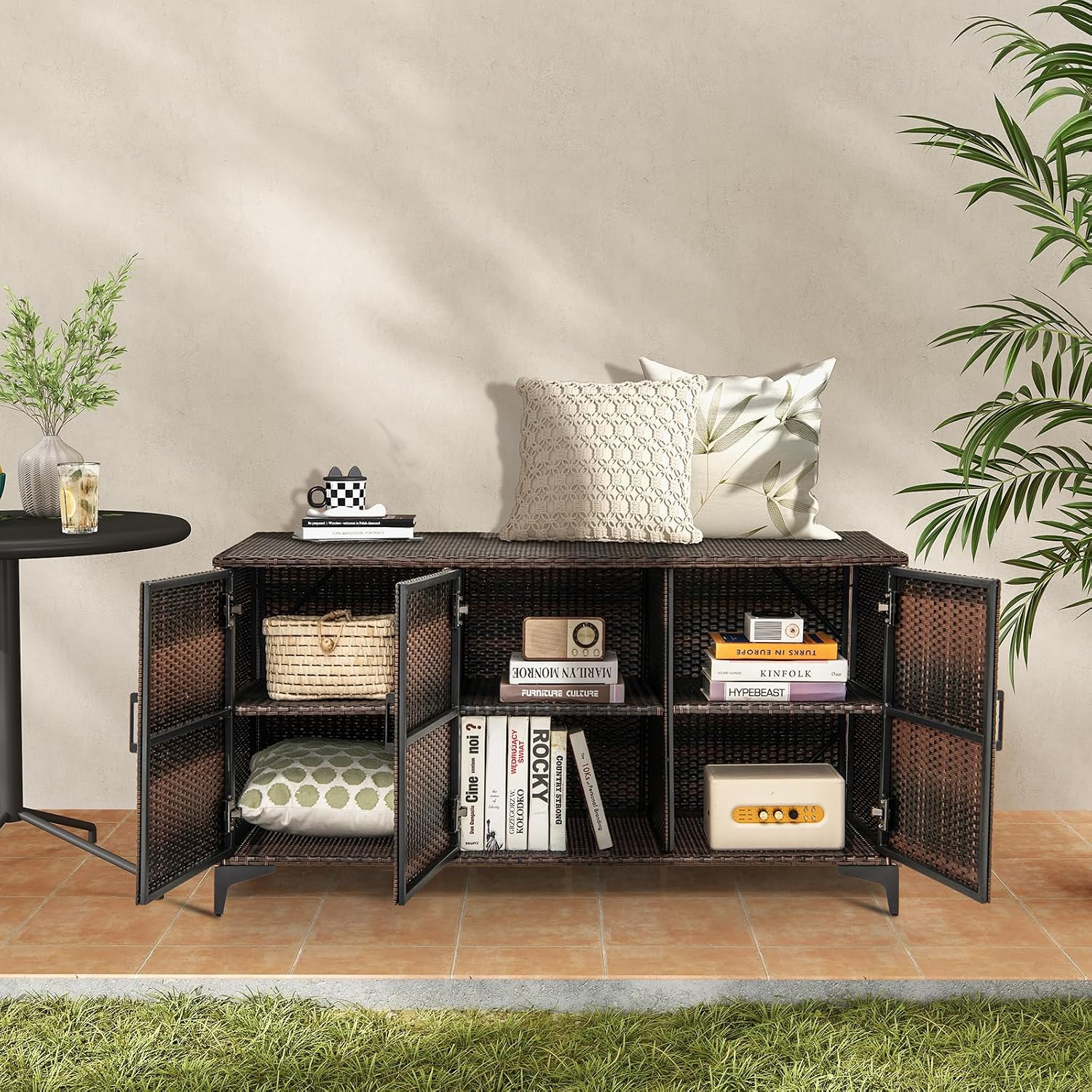 Giantex 84-Gallon Wicker Deck Box - Patio Storage Cabinet, 3-Door PE Rattan Storage Container with Removable Shelves, Indoor & Outdoor Package Box for Porch, Patio Furniture Cushions Tools (Brown)