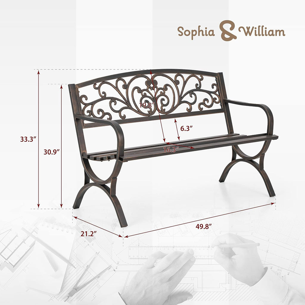 Sophia & William Metal Outdoor Bench, 50' Outdoor Garden Bench Patio Park Bench, Cast Iron Park Benches for Outside with Floral Design Backrest, Bronze