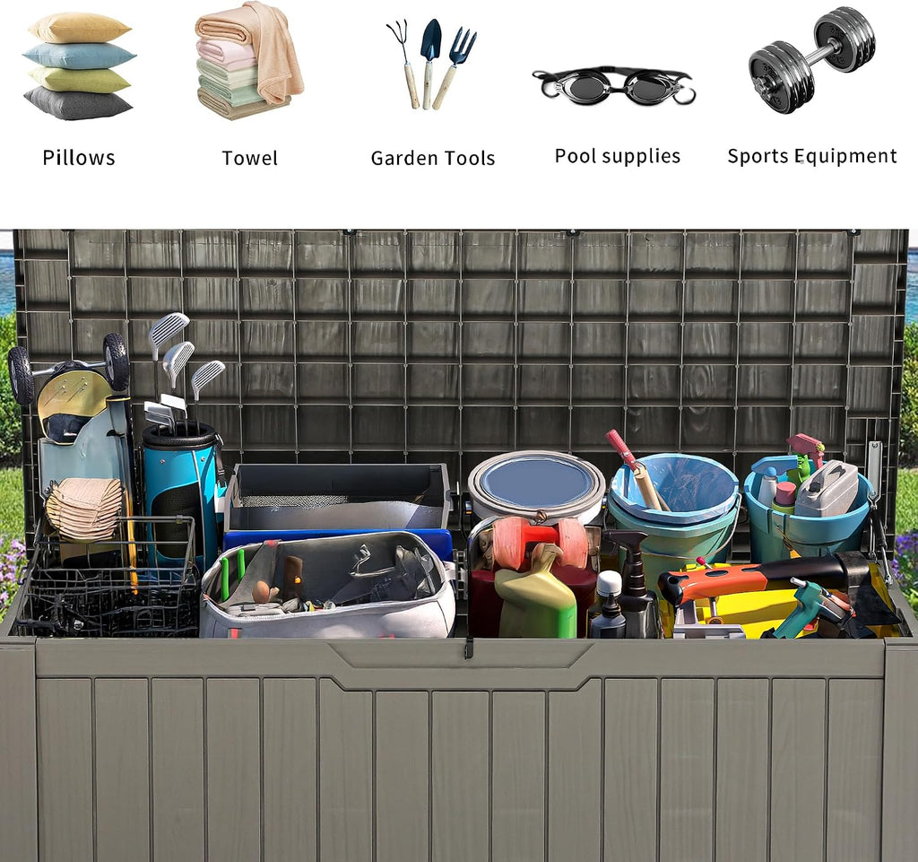 YITAHOME 120 Gallon Resin Deck Box, Weather Resistant Outdoor Storage Box for Patio Cushions, Garden Tools, Pool Supplies, Lockable, Easy Assembly, Extra Seat or Table (Light Brown)