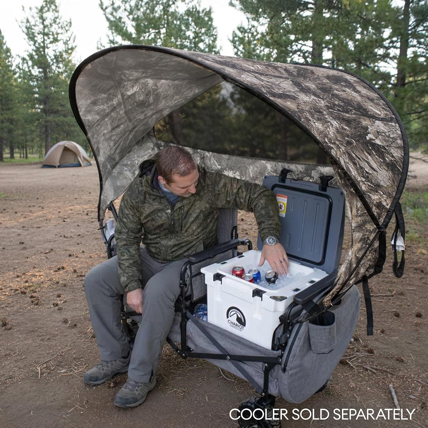 Lawn Chariot, Folding Wagon with 2 Adult Seats & UPF 50+ Canopy, Under-Seat Storage, All-Terrain Wheels, Camouflage Canopy