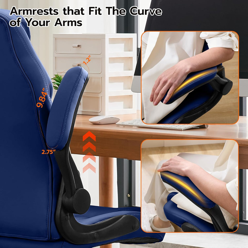 Ylzyxal Office Desk Chair, Ergonomic Computer Chair with Padded Flip-Up Arms and Adjustable Lumbar Support, PU Leather Executive Chair with Tilt Lock and 360° Swivel Rolling Wheels for Work, Study