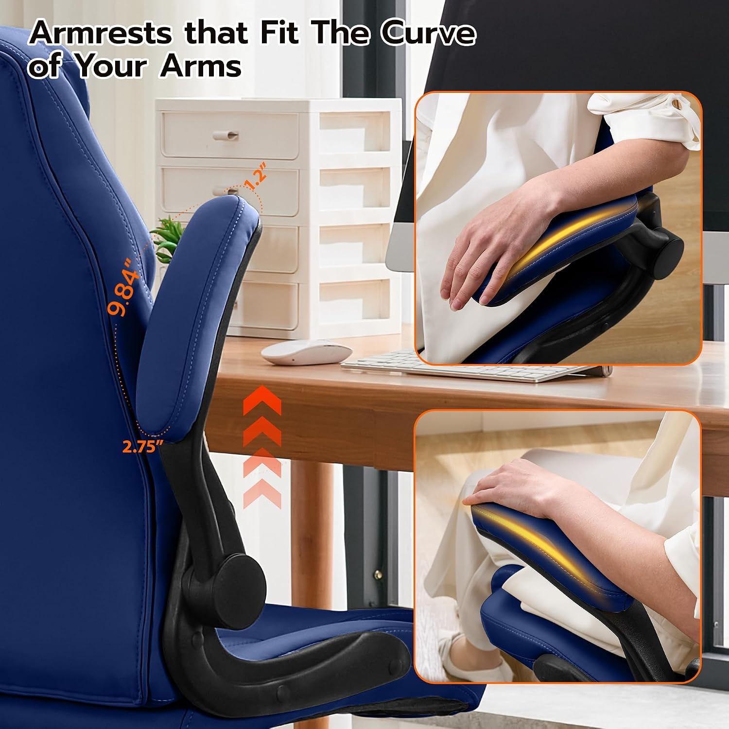 Ylzyxal Office Desk Chair, Ergonomic Computer Chair with Padded Flip-Up Arms and Adjustable Lumbar Support, PU Leather Executive Chair with Tilt Lock and 360° Swivel Rolling Wheels for Work, Study
