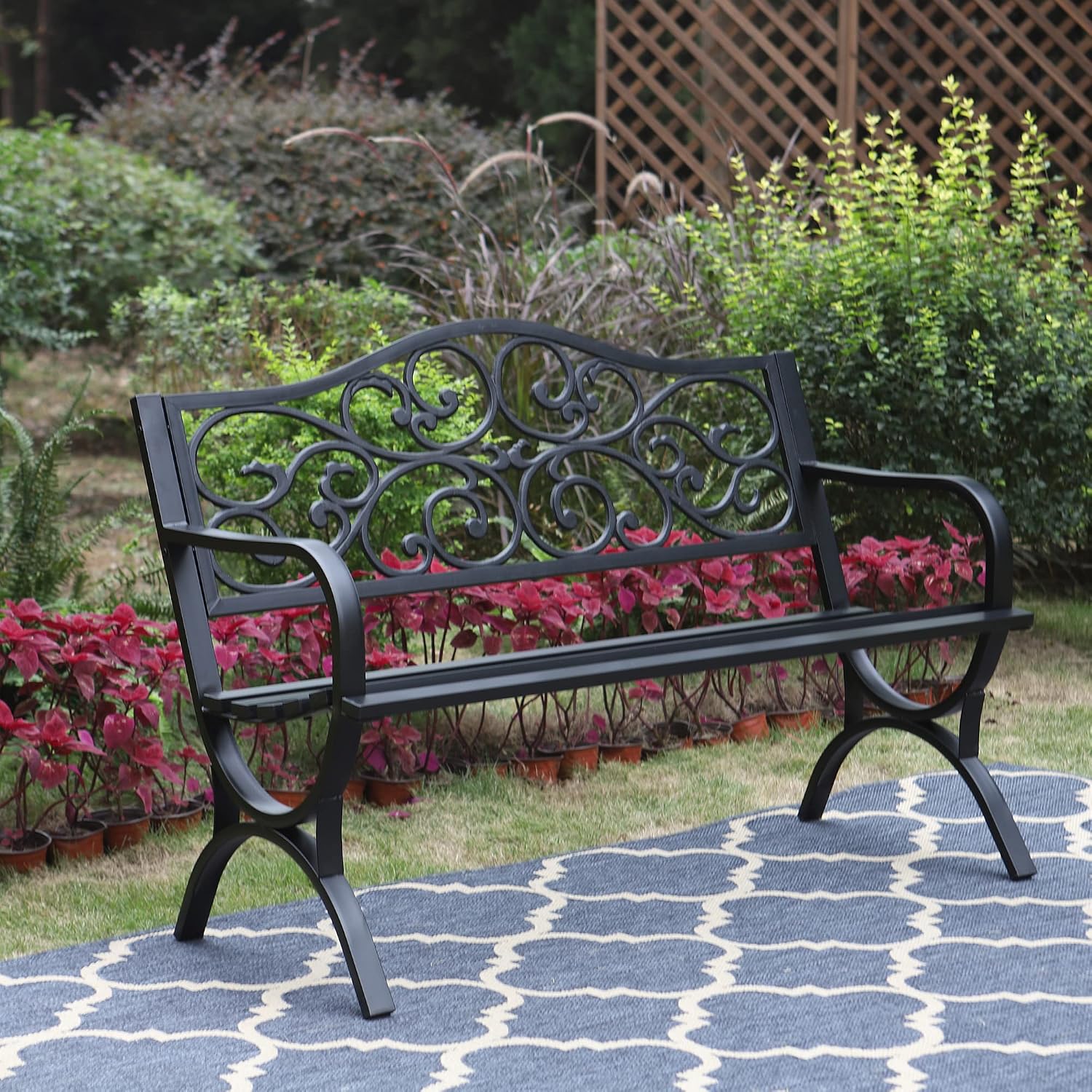Sophia & William 50' Outdoor Garden Bench Patio Park Bench, Cast Iron Metal Frame Furniture with Floral Design Backrest for Porch Yard Lawn Deck, Black