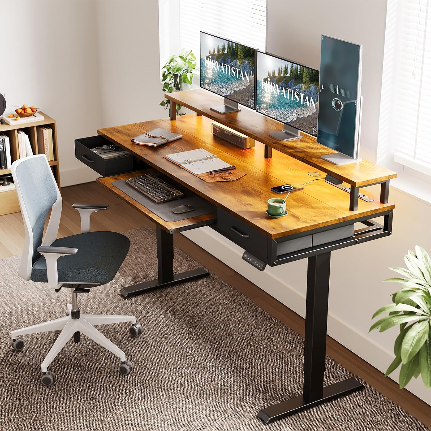 AODK Electric Standing Desk with Drawers & Keyboard Tray, 63 Inch Height Adjustable Gaming Desk with Power Outlets & LED Lights, Sit Stand Table with Monitor Stand for Home, Office, Rustic Brown