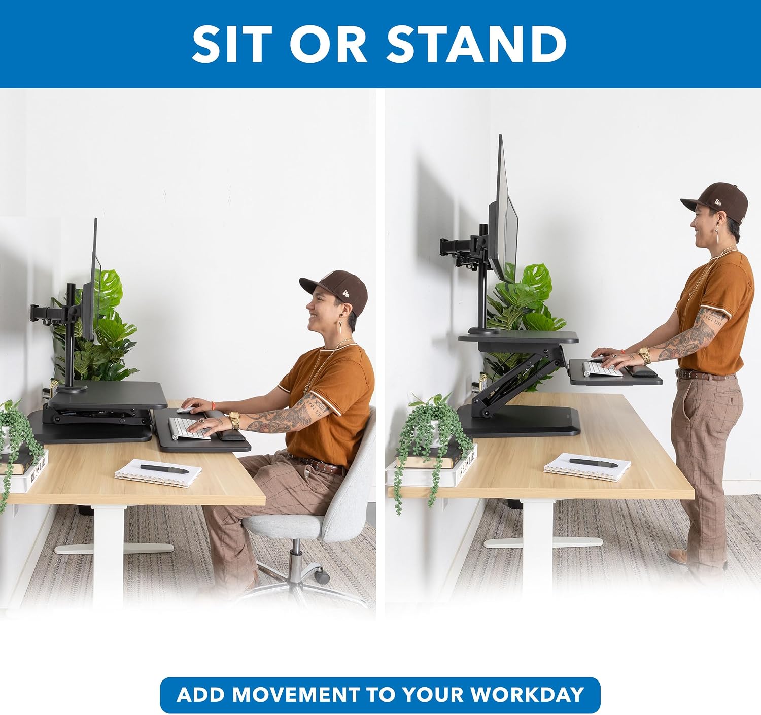 Mount-It! Standing Desk Converter, Stand Up Desk Riser with Dual Monitor Mount, Adjustable Workstation in Black, Top Platform 23' Wide, Keyboard Mouse Tray 27' Wide, Raises 5' to 17' Tall