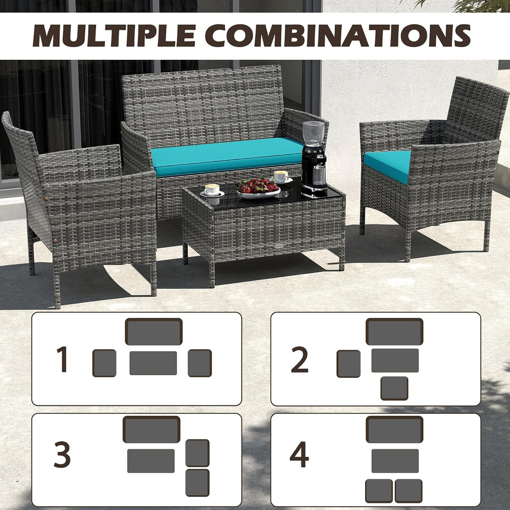 Tangkula 4 Pieces Patio Rattan Conversation Set, Outdoor Wicker Furniture Set with Cushioned Chair, Loveseat & Tempered Glass Table, Outside Sectional Sofa Set for Backyard (G-Turquoise,1)
