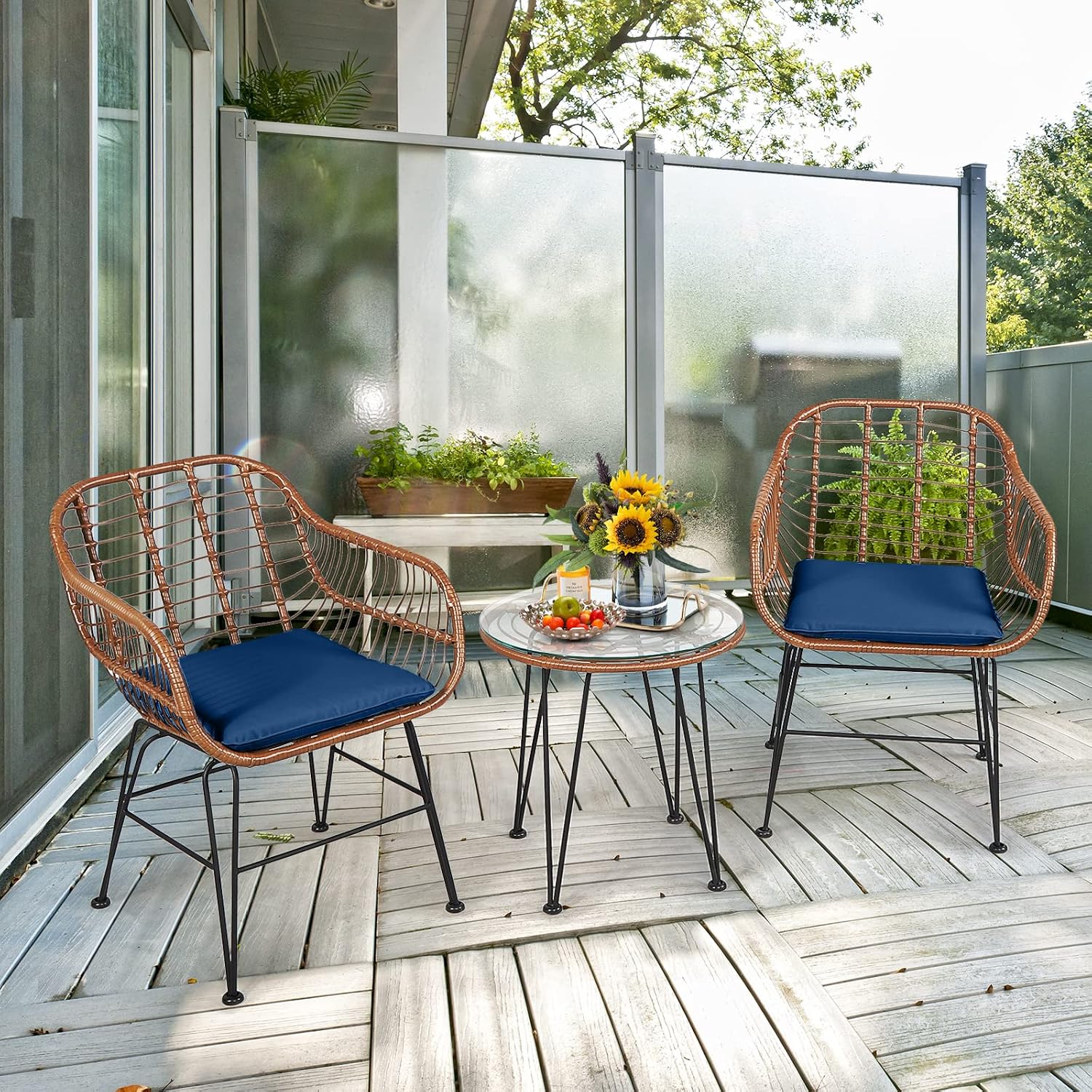 COSTWAY 3 Pieces Patio Bistro Set, Outdoor Rattan Conversation Seating Chair Set with Coffee Table & Soft Cushions, Indoor Wicker Furniture Set for Garden, Balcony, Porch, Pool, Navy