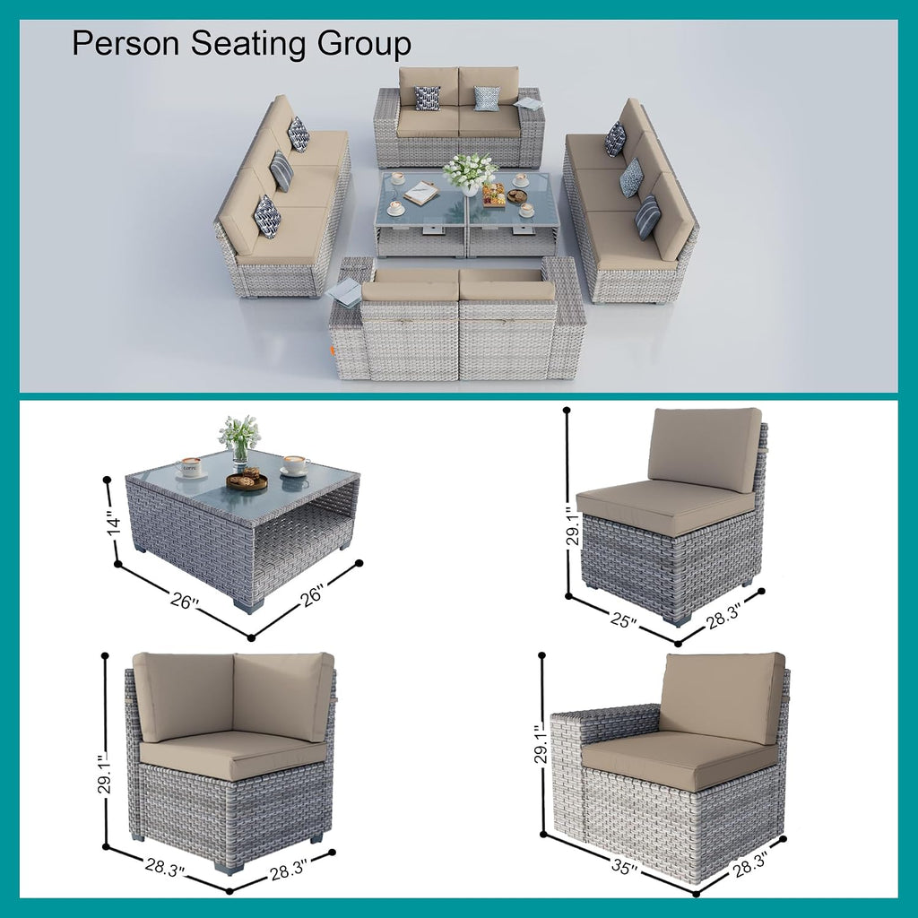 12-Piece Patio Furniture Set, Outdoor Extra Wide Armrest Modular Patio Sofa, Dual-Strand Rattan Wicker, Rust-Resistant Frame, Backyard High Back, Large Seat Furniture for Porch Garden Balcony, Khaki