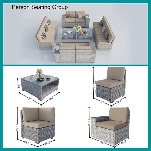 12-Piece Patio Furniture Set, Outdoor Extra Wide Armrest Modular Patio Sofa, Dual-Strand Rattan Wicker, Rust-Resistant Frame, Backyard High Back, Large Seat Furniture for Porch Garden Balcony, Khaki
