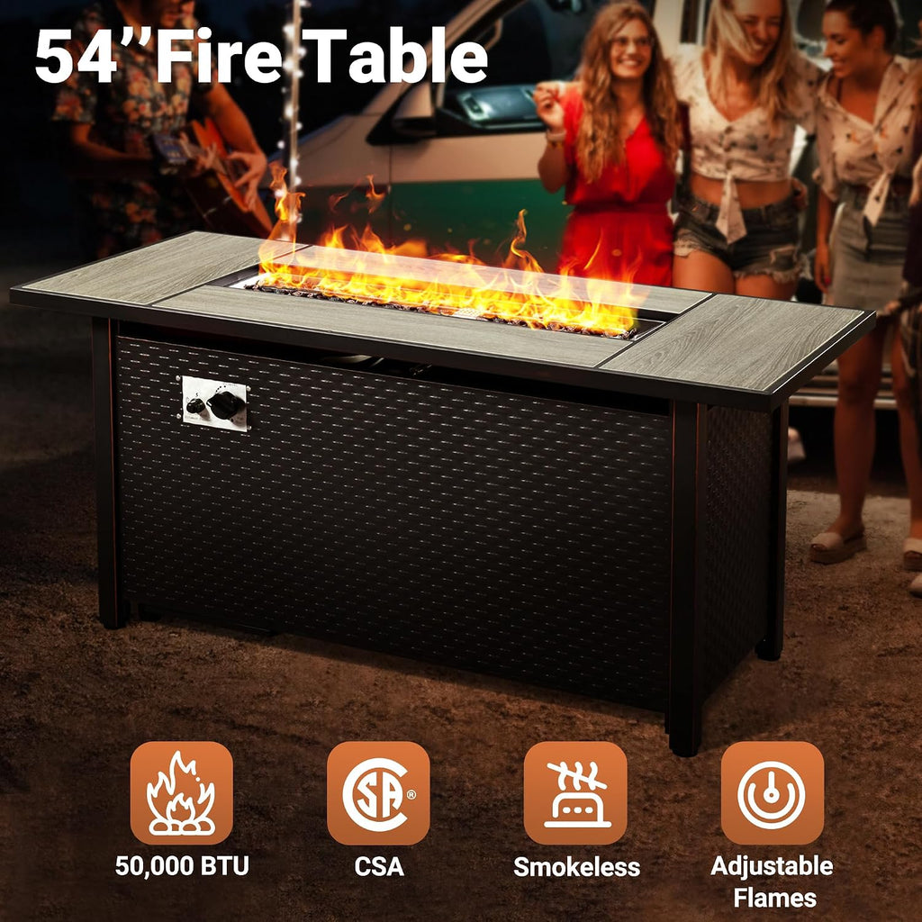 10 PCS Outdoor Patio Furniture 54in Set with Fire Pit Table, All-Weather Rattan Wicker Conversation Group with Deep Seating, High Back Comfort for Porch, Backyard, Orange