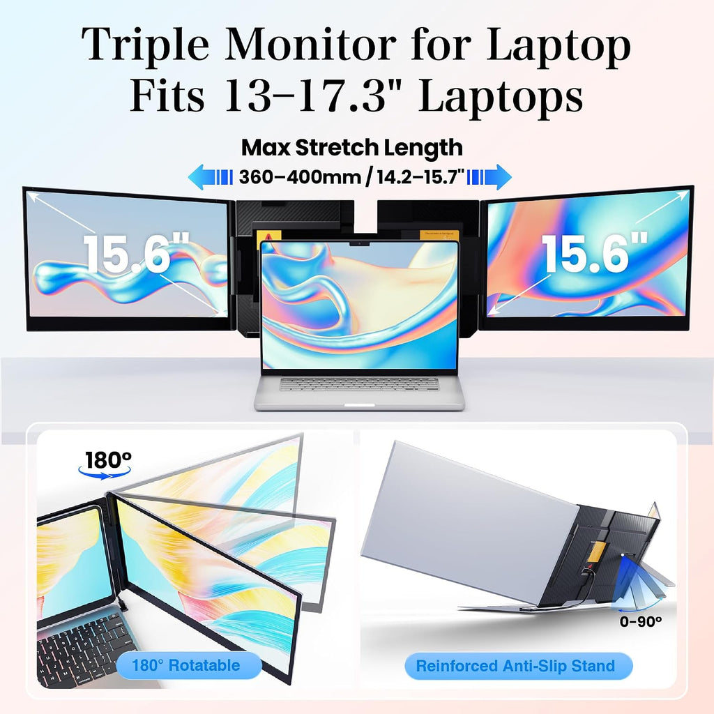 Laptop Screen Extender 15.6' Ultra-Thin, 1080P FHD IPS Dual/Triple Portable Monitor for Laptop, USB-C/HDMI Plug&Play, Fits 17.3' Max Laptops,Travel Screens for Windows/Mac/Chrome/Android/Switch