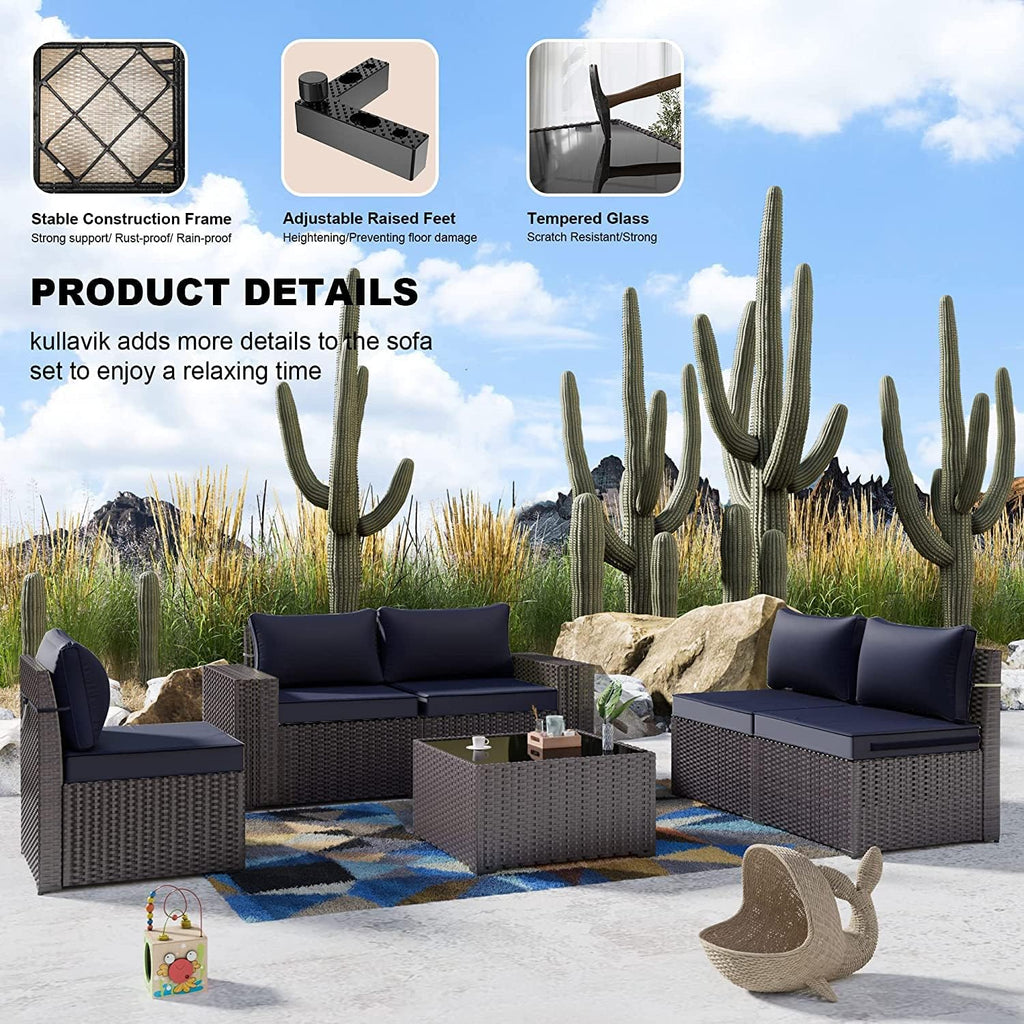 Kullavik Outdoor Patio Furniture Set,12 Pieces Sectional Rattan Sofa Set Brown PE Rattan Wicker Patio Conversation Set with 10 Seat Cushions and 2 Tempered Glass Coffee Table,Navy Blue