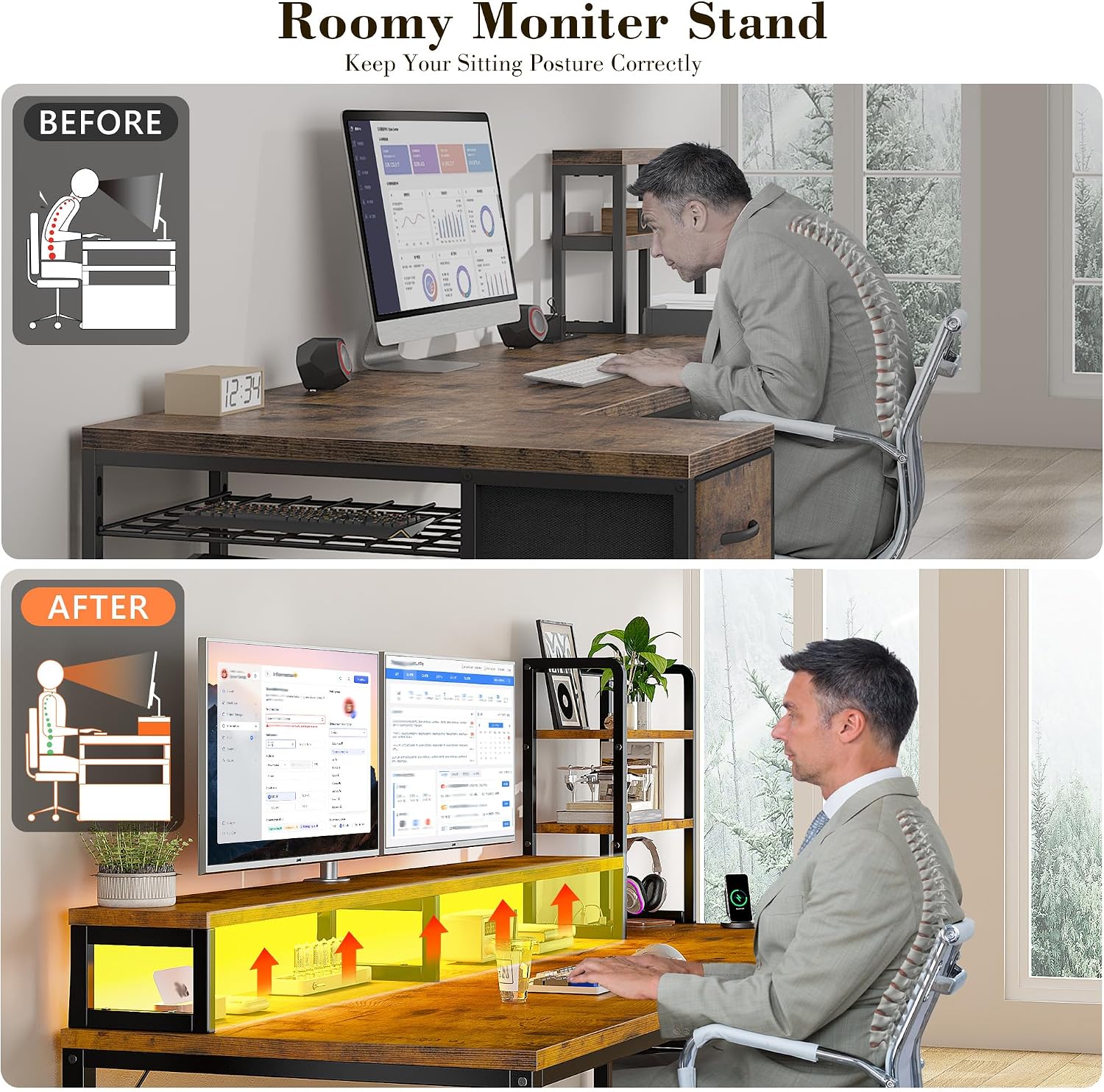 EnHomee 55 Inch Computer Desk with Hutch and Drawers,Reversible Home Office Desk with Monitor Shelf,Gaming Desks with USB Power Outlets,Writing Gaming Table for Office with LED Lights,Rustic Brown
