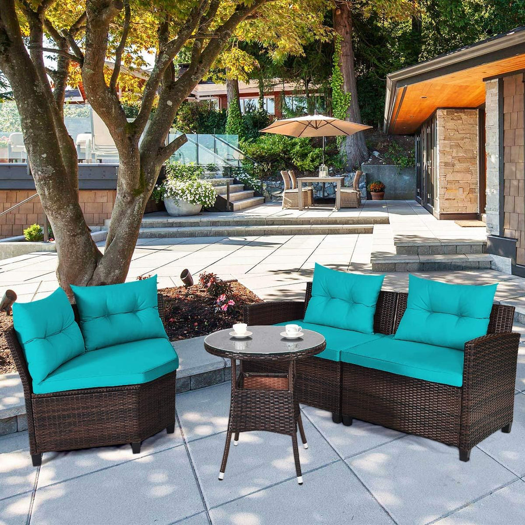 HAPPYGRILL 4 Pieces Patio Furniture Set Outdoor Rattan Wicker Conversation Set with Cushioned Sofas and Coffee Table, L-Shape Sectional Curved Sofa Set for Garden Poolside Balcony