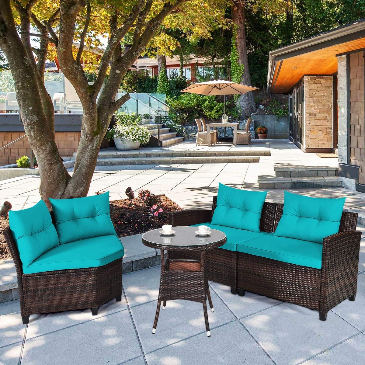 HAPPYGRILL 4 Pieces Patio Furniture Set Outdoor Rattan Wicker Conversation Set with Cushioned Sofas and Coffee Table, L-Shape Sectional Curved Sofa Set for Garden Poolside Balcony