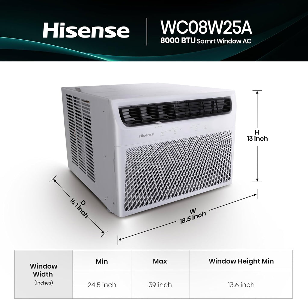 Hisense 8,000 BTU Smart Window Air Conditioner, 3 modes (Cooling, Fan, Dehumidifier), Easy Installation,Ultra Quiet, 2 Years Warranty