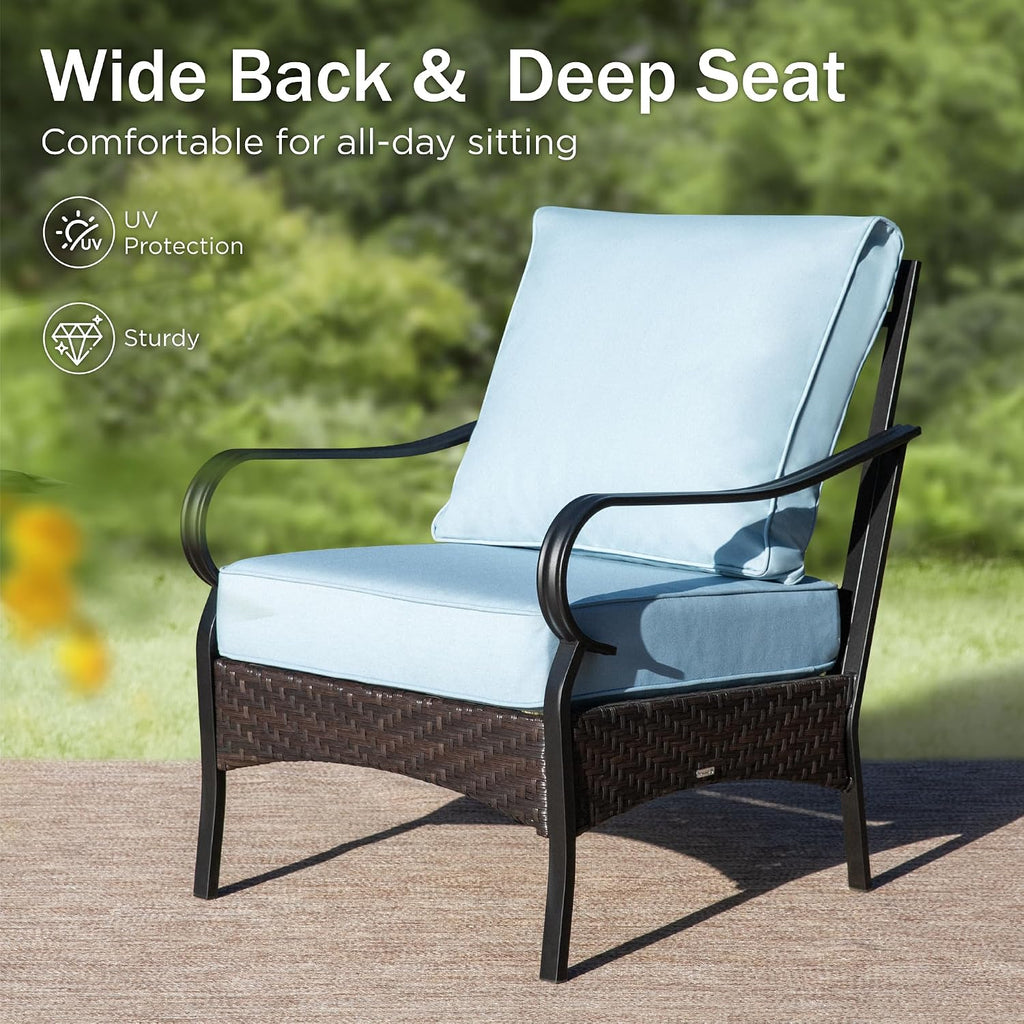 PHI VILLA Outdoor Modern Patio Furniture Set, Upgraded Wicker & Metal Patio Furniture Conversation Set with Waterproof Thick Cushions for Porch, Poolside, Yard (4 Pieces,Blue)