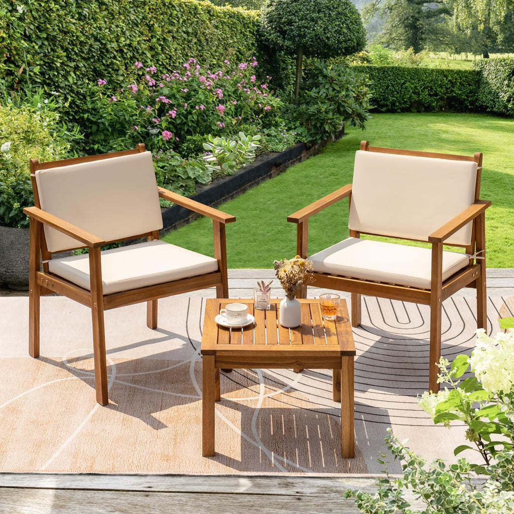 Greesum Outdoor Patio Furniture, 3 Piece Bistro Sofa Set with 1 Coffee Table and 2 Chairs, Acacia Wood Conversation Sets with Cushions, for Garden, Backyard, Poolside, White