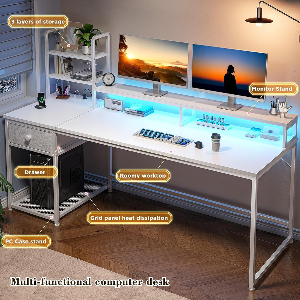 55 Inch White Computer Desk with Drawers and Hutch,Reversible Home Office Desk with Monitor Shelf,Gaming Desks with USB Power Outlets&Storage,Writing Study Table for Bedroom with LED Lights,White