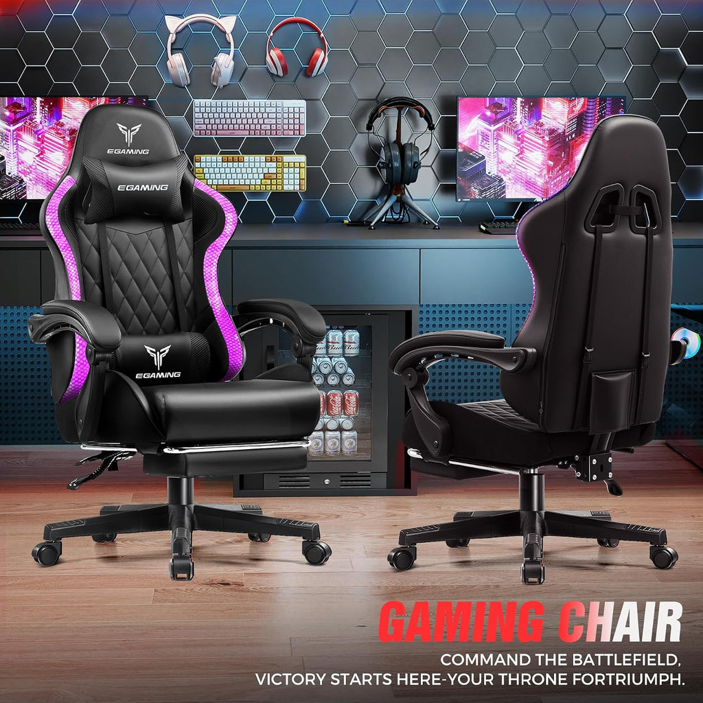 EXRACING Gaming Chair with Footrest Ergonomic High-Back PU Leather Computer Chair with RGB LED Lights Linkage Armrests Lumbar Support and Headrest 150°Reclining Diamond Quilted Office Chair for Adults