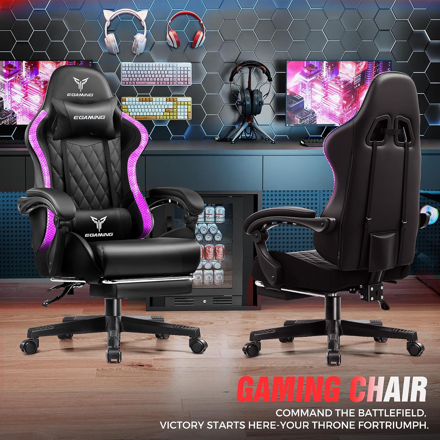 EXRACING Gaming Chair with Footrest Ergonomic High-Back PU Leather Computer Chair with RGB LED Lights Linkage Armrests Lumbar Support and Headrest 150°Reclining Diamond Quilted Office Chair for Adults