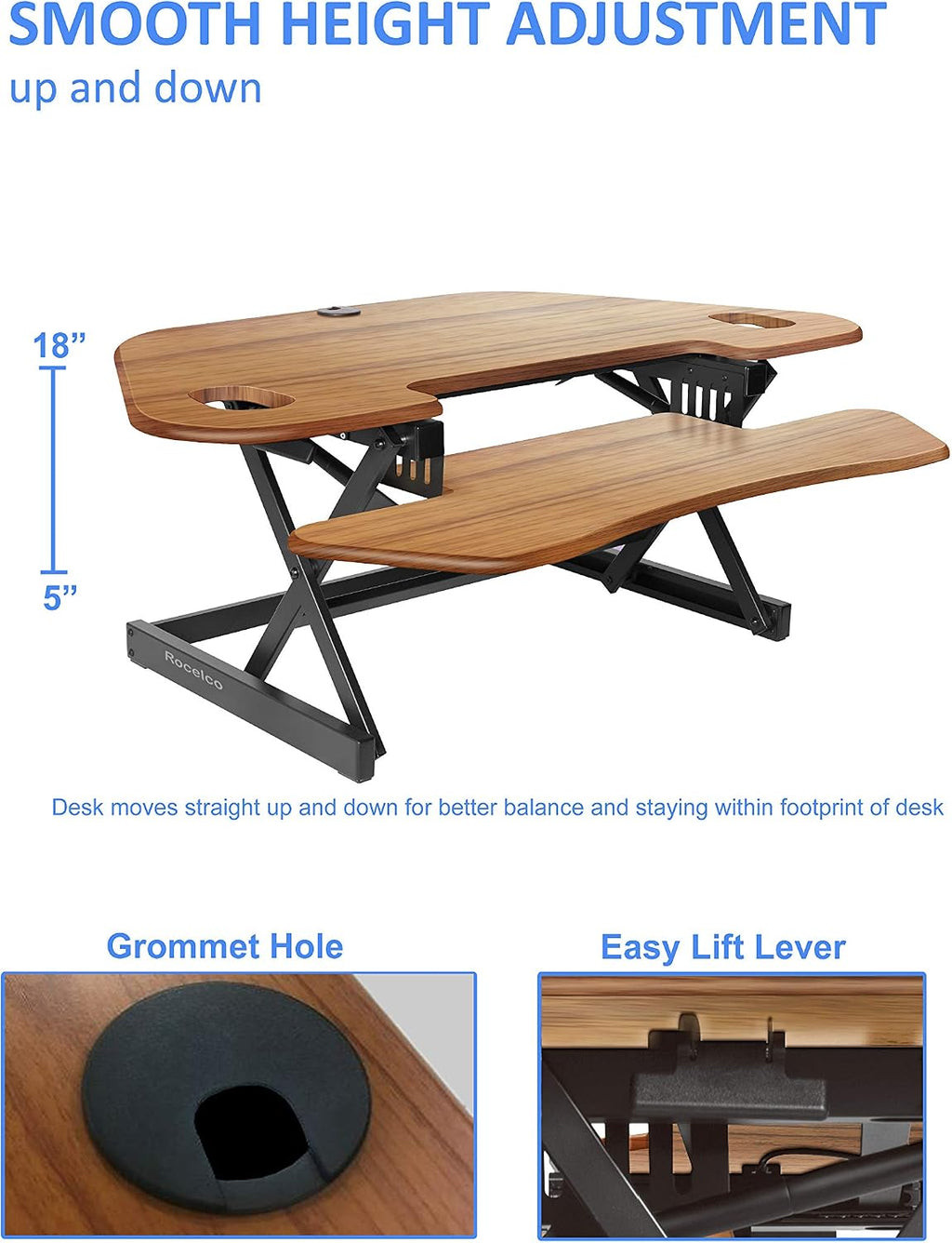 Rocelco 46' Large Height Adjustable Corner Standing Desk Converter - Quick Sit Stand Up Dual Monitor Riser - Gas Spring Assist Computer Workstation - Wide Keyboard Tray - Teak Wood Grain (R CADRT-46)