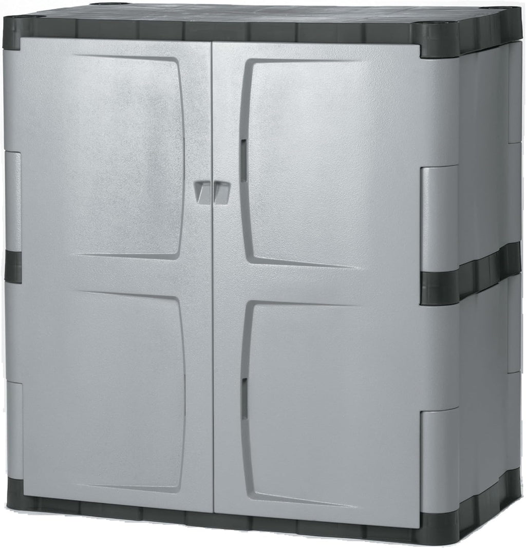 Rubbermaid Freestanding Storage Cabinet with Doors 18'D x 36'W x 37'H Medium Gray/Black Two-Shelf Lockable Cabinet for Indoor/Outdoor/Garage Storage for Garden Tools/Lawn Care Accessories