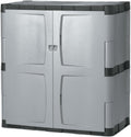 Rubbermaid Freestanding Storage Cabinet with Doors 18'D x 36'W x 37'H Medium Gray/Black Two-Shelf Lockable Cabinet for Indoor/Outdoor/Garage Storage for Garden Tools/Lawn Care Accessories
