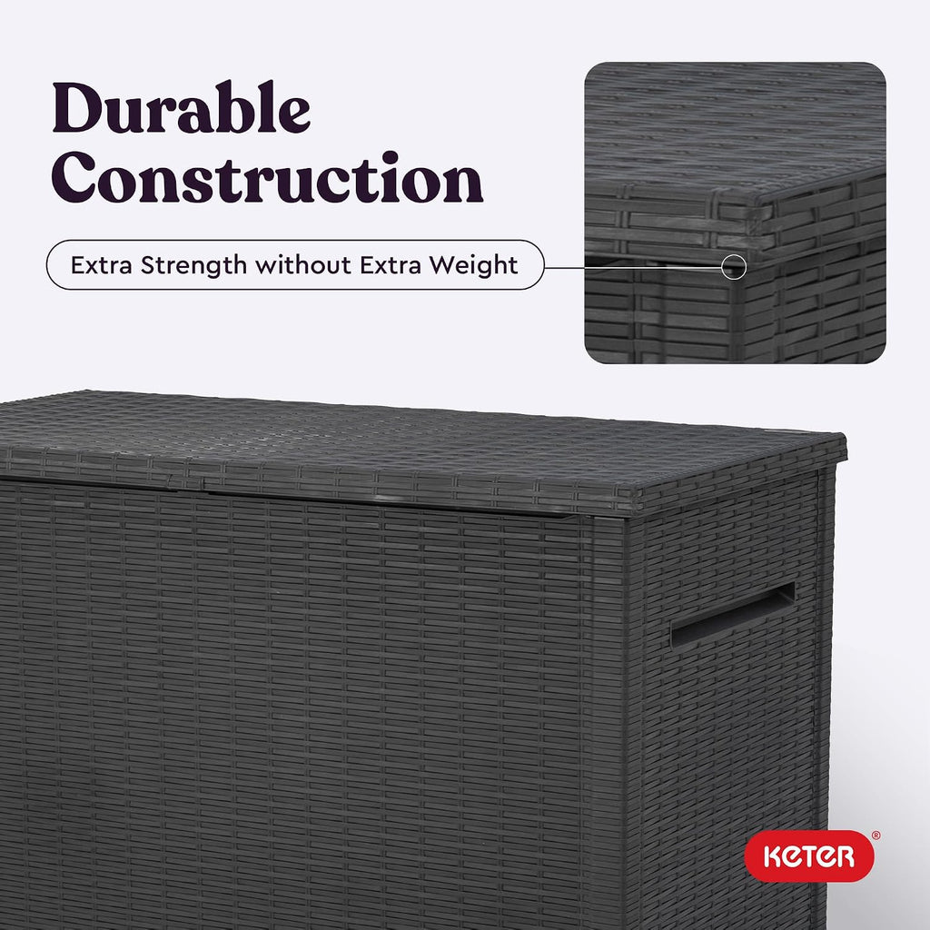 Keter Java XXL 230 Gallon Resin Rattan Look Large Outdoor Storage Deck Box for Patio Furniture Cushions, Pool Toys, and Garden Tools, Dark Grey